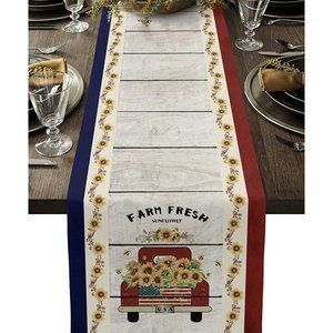 Red Truck with Farm Fresh Sunflower & USA Flag Linen Cotton Table Runner, New
